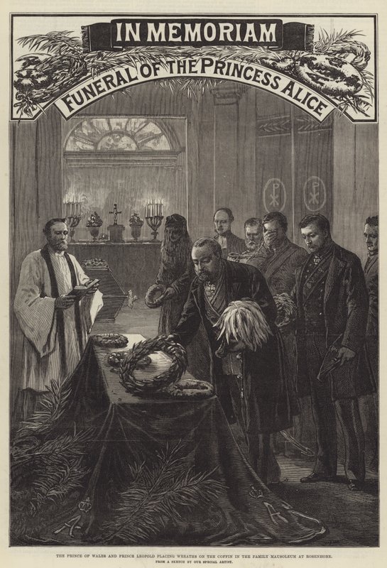 Alice hercegnő, a walesi herceg és Lipót herceg temetése, akik megkoszorúzzák a koporsót a Rosenhohe-i családi mauzóleumban (metszet) alkotó: English School