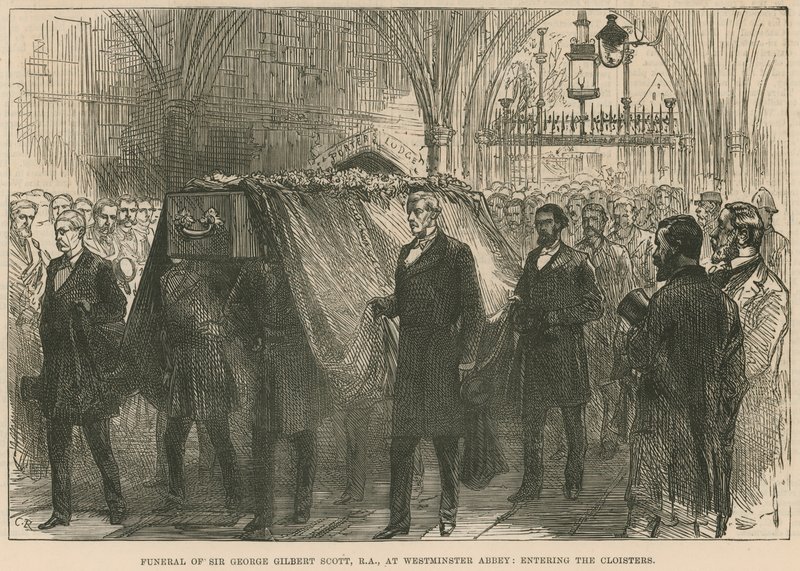 A néhai Sir George Gilbert Scott (RA) temetése a westminsteri apátságban, a kolostorokba lépve alkotó: English School