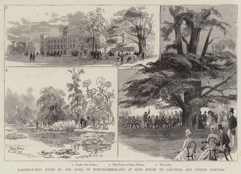 Northumberland hercege által a Sion House-ban tartott kerti parti a gyarmati és indiai látogatóknak (metszet) alkotó: English School