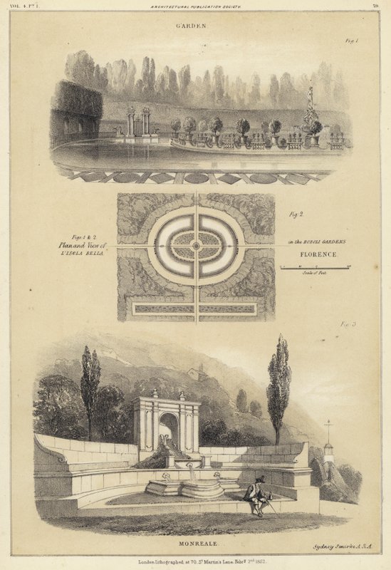 Kertek: Isola Bella a Boboli Gardensben, Firenze és Monreale, Olaszország (litho) alkotó: English School