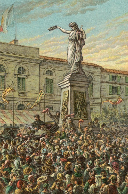 Garibaldi leleplezi a Mentana-emlékművet Milánóban alkotó: English School