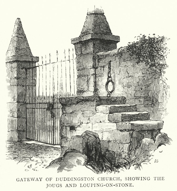 A Duddingston-templom kapuja, a Jougs és a Louping-on-Stone ábrázolásával (metszet) alkotó: English School