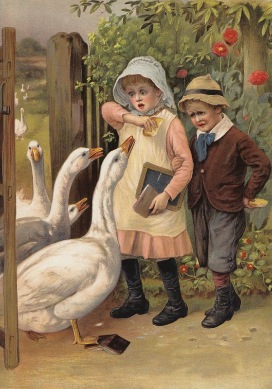 Gyermekeket kergető libák az élelemért (chromolitho) alkotó: English School