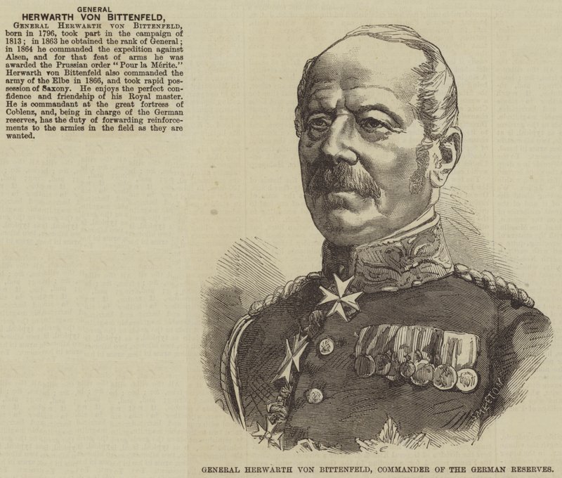 Herwarth von Bittenfeld tábornok, a német tartalékok parancsnoka (metszet) alkotó: English School