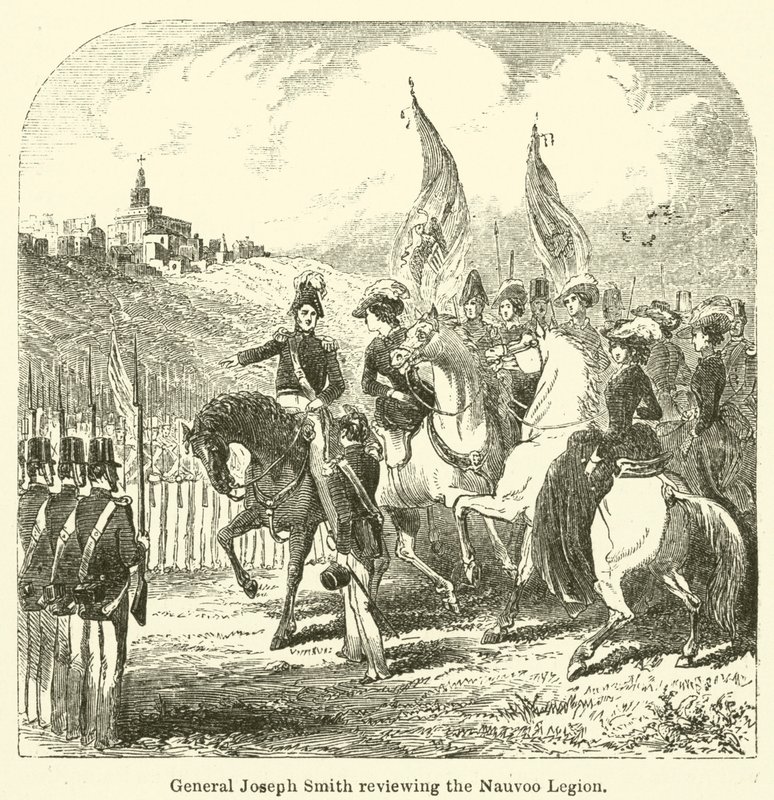 Joseph Smith tábornok áttekinti a Nauvoo Légiót (metszet) alkotó: English School