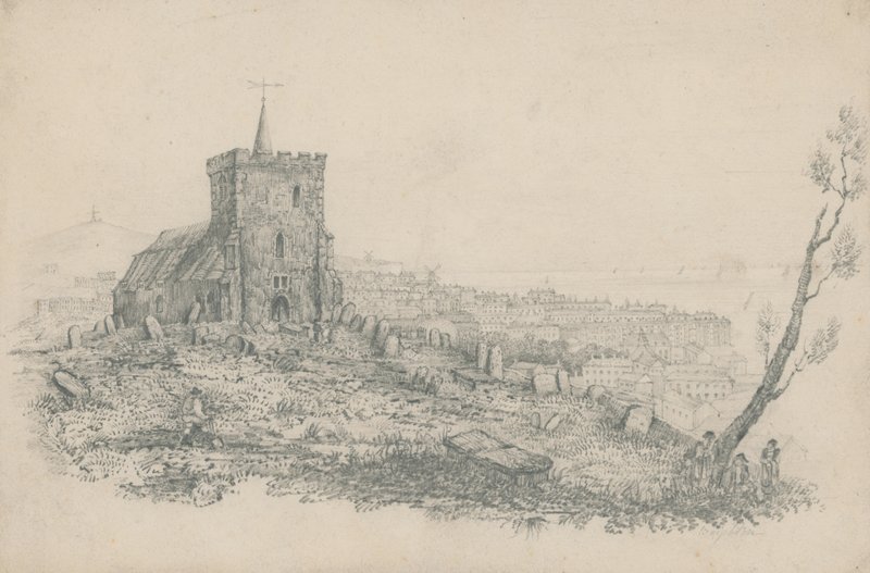 Általános nézet egy templomról és a temetőről Brightonban alkotó: English School