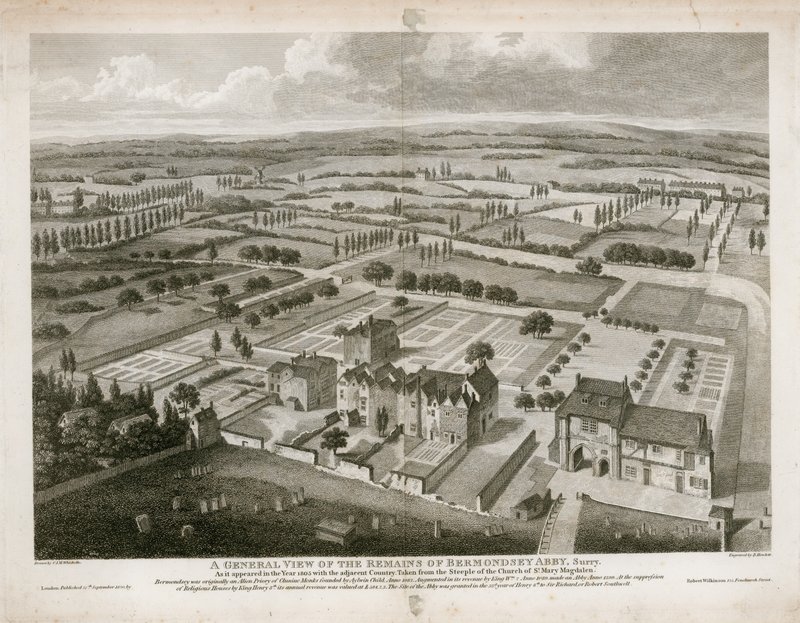 A Bermondsey-apátság maradványainak általános képe, ahogyan az 1805-ben megjelent alkotó: English School