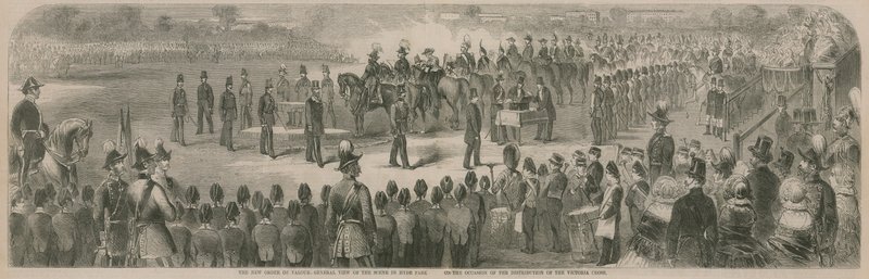 Általános kép a Hyde Park-i jelenetről a Victoria Cross kiosztása alkalmából alkotó: English School