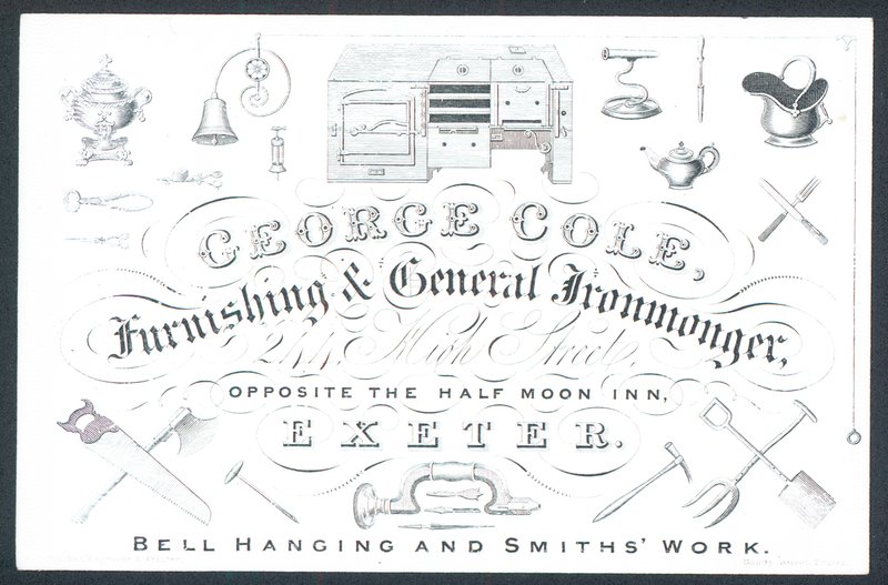 George Cole, lakberendezési és általános vaskereskedő, kereskedelmi kártya alkotó: English School