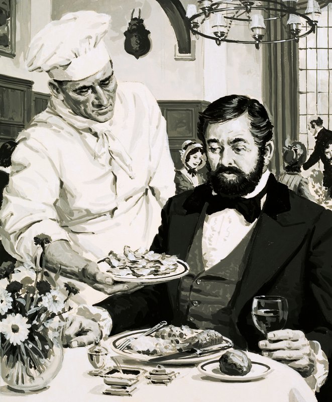 George Crum, a burgonya ropogós feltalálója bemutatja alkotását alkotó: English School