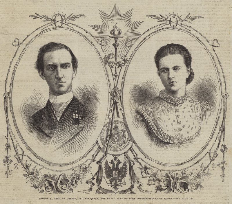 I. György görög király és királynője, Olga Konstantinovna orosz nagyhercegnő (metszet) alkotó: English School