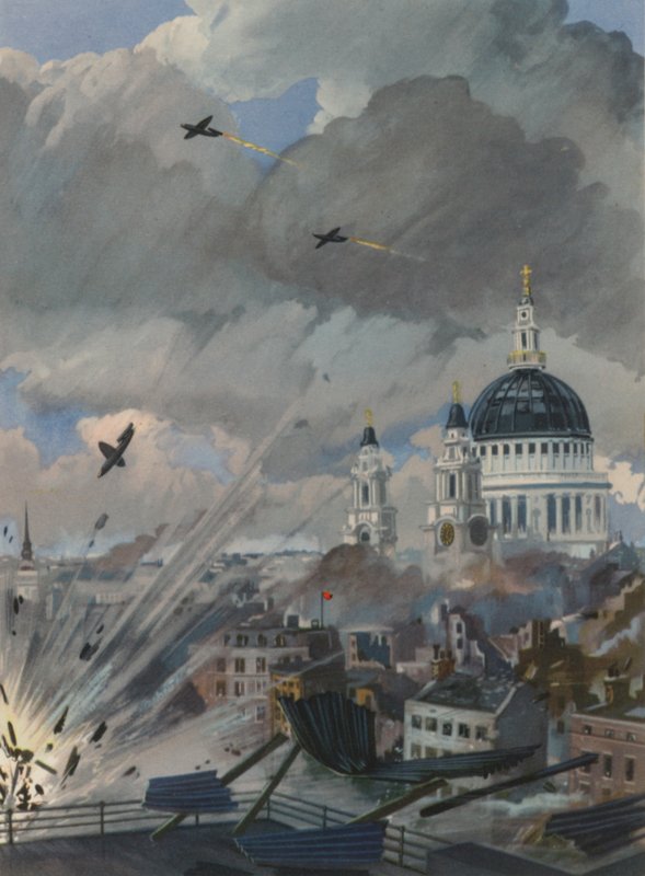 Német V-1-es bombák London felett, II. világháború alkotó: English School