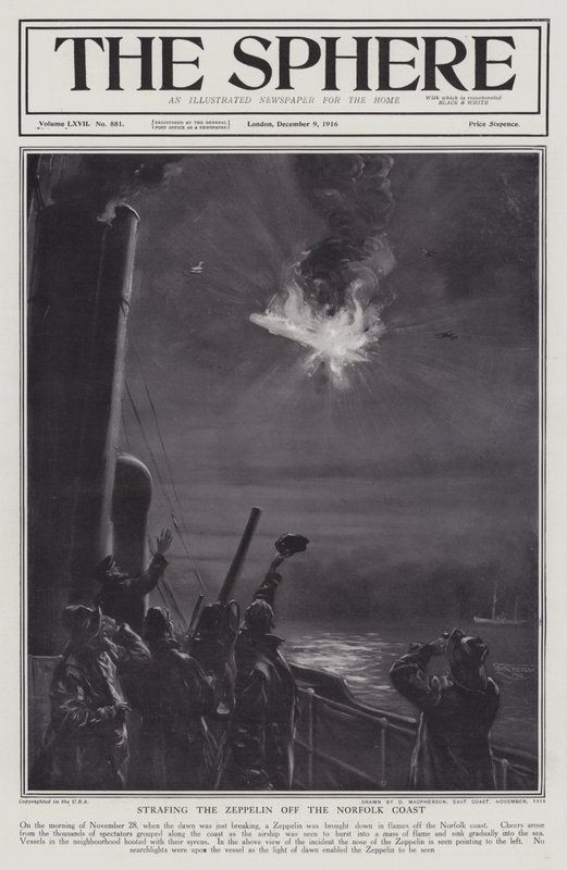 A német Zeppelin léghajót lángba borították Norfolk partjainál, I. világháború, 1916. november 28. (litho) alkotó: English School