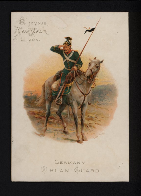 német uhlan, újévi üdvözlőlap, 19. század vége vagy 20. század eleje (chromolitho) alkotó: English School
