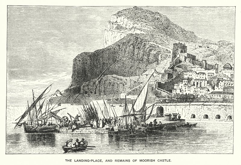 Gibraltár: A leszállóhely és a mór kastély maradványai (metszet) alkotó: English School