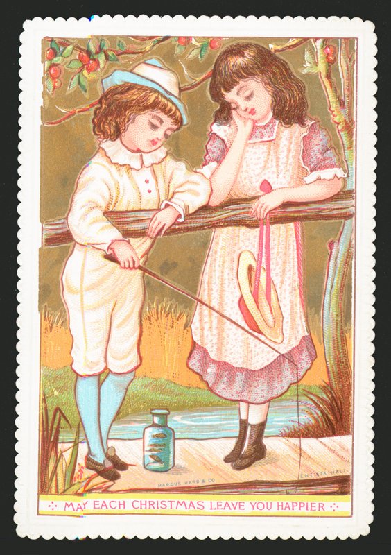 Lány és fiú horgászbottal, karácsonyi kártya alkotó: English School