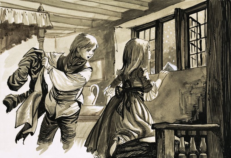 Lány és fiú néz ki a hóba alkotó: English School
