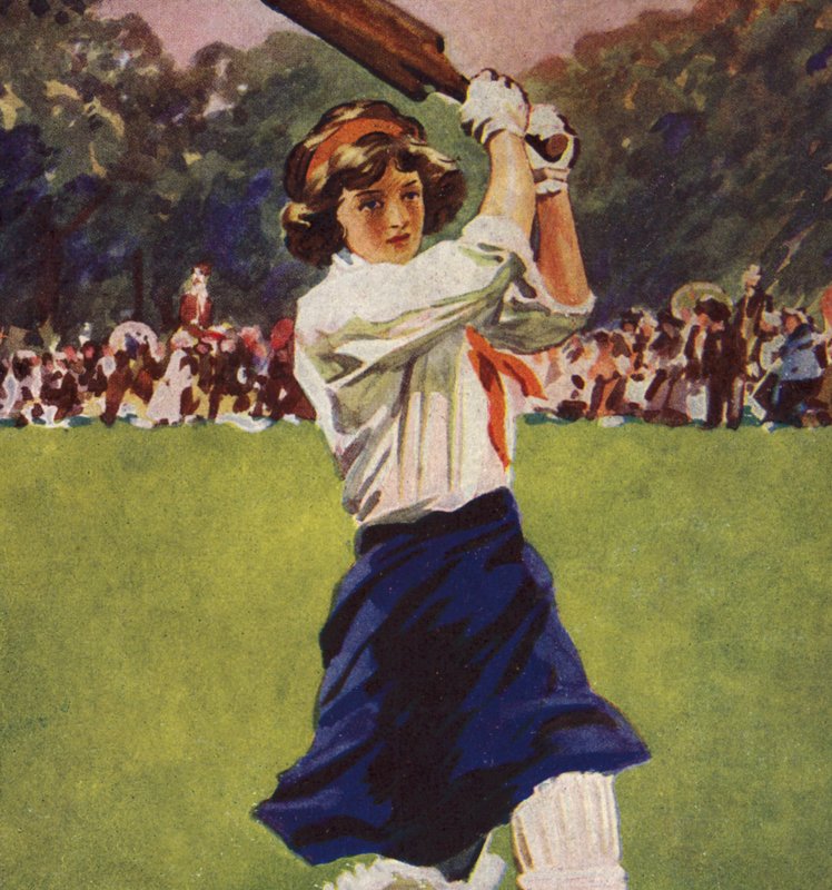 Lány ütő krikettjátékban (színes litó) alkotó: English School