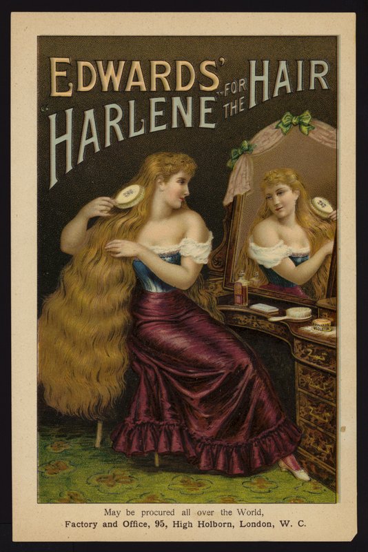Lány keféli hosszú szőke haját; Edward Harlene a hajért (chromolitho) alkotó: English School