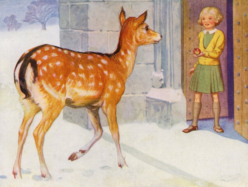 Lány szarvast etet a hóban (színes litho) alkotó: English School