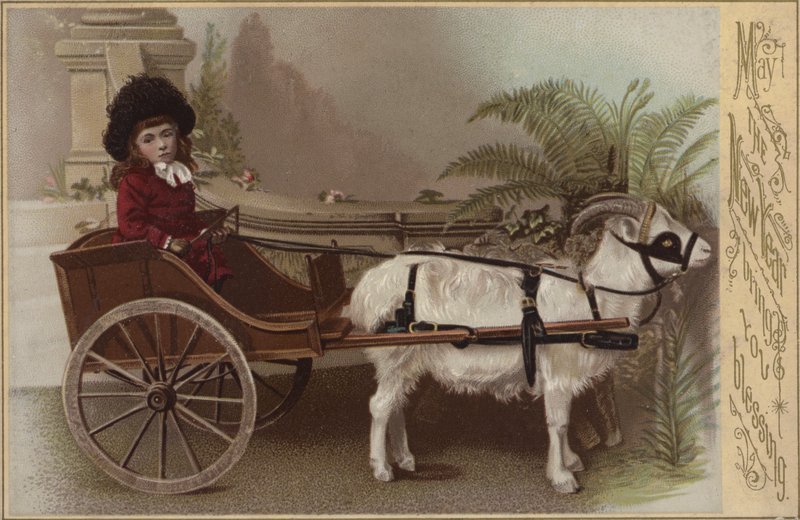 Lány kecskekocsin, újévi üdvözlőlap (chromolitho) alkotó: English School