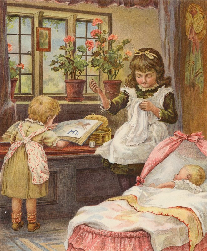 Lány, aki fiatalabb testvéreire vigyáz (chromolitho) alkotó: English School