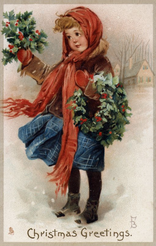 Lány magyal és karácsonyi koszorúkat árul (chromolitho) alkotó: English School