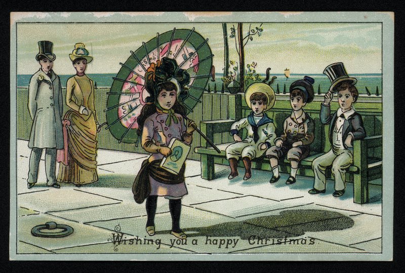 Lány egy nagy napernyővel séta a tengerparti sétányon, karácsonyi üdvözlőlap. (chromolitho) alkotó: English School