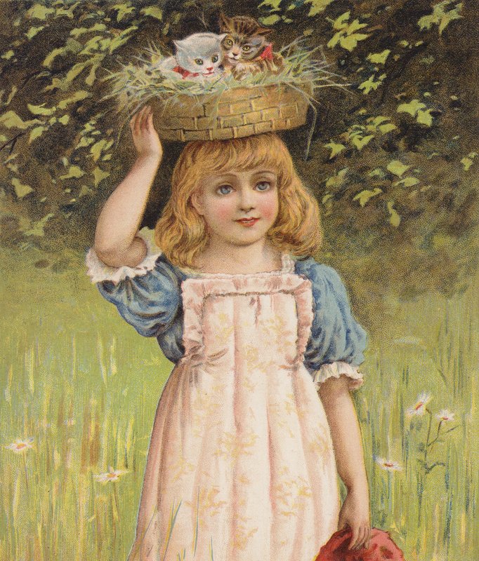 Lány játékos cicákkal egy kosárban (chromolitho) alkotó: English School