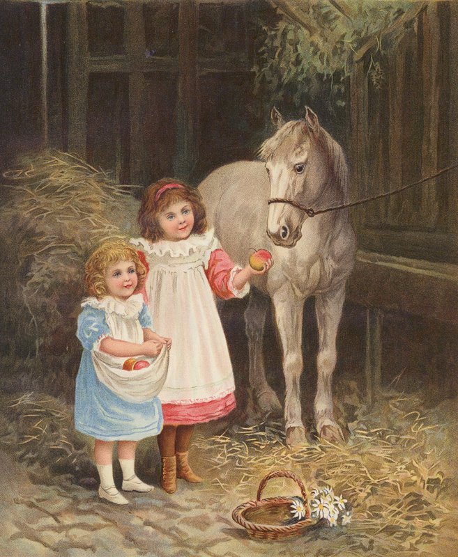 Lányok almát etetnek egy házi lóval (chromolitho) alkotó: English School