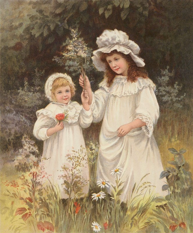 Lányok virágot szednek a réten (chromolitho) alkotó: English School
