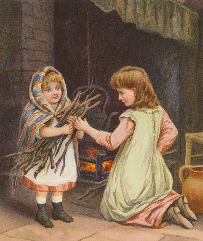 Lányok fát raknak a tűzre (chromolitho) alkotó: English School