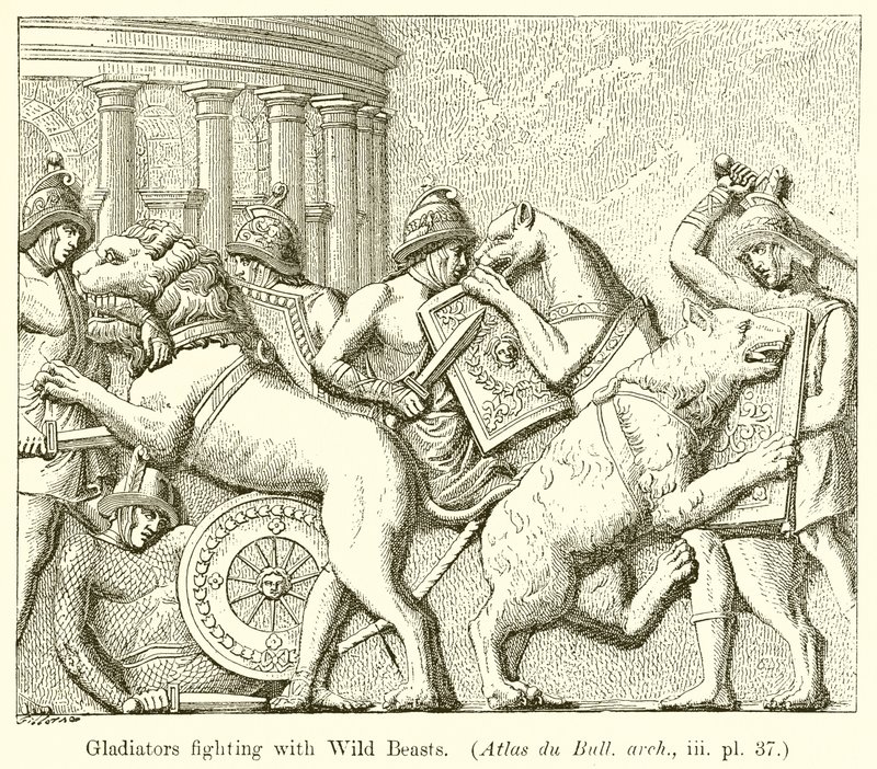 Vadállatokkal harcoló gladiátorok. (Atlas du Bull. arch., iii. pl. 37) alkotó: English School