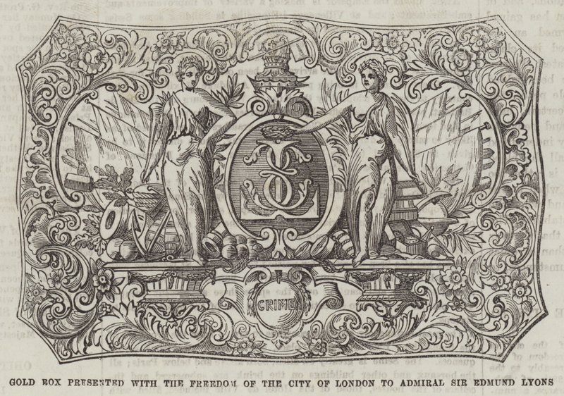 Aranydobozt adták át a City Freedom of London Sir Edmund Lyons admirálisnak (metszet) alkotó: English School