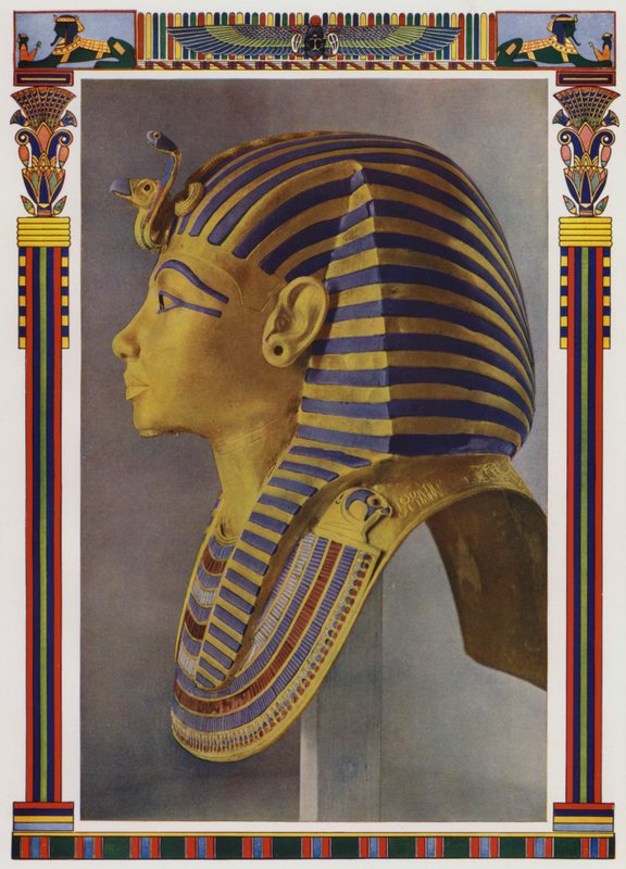 Arany portré maszk Tutanhamon múmiájából, amelyet Howard Carter 1922-ben fedezett fel a fáraó sírjában (színes litográfia). alkotó: English School
