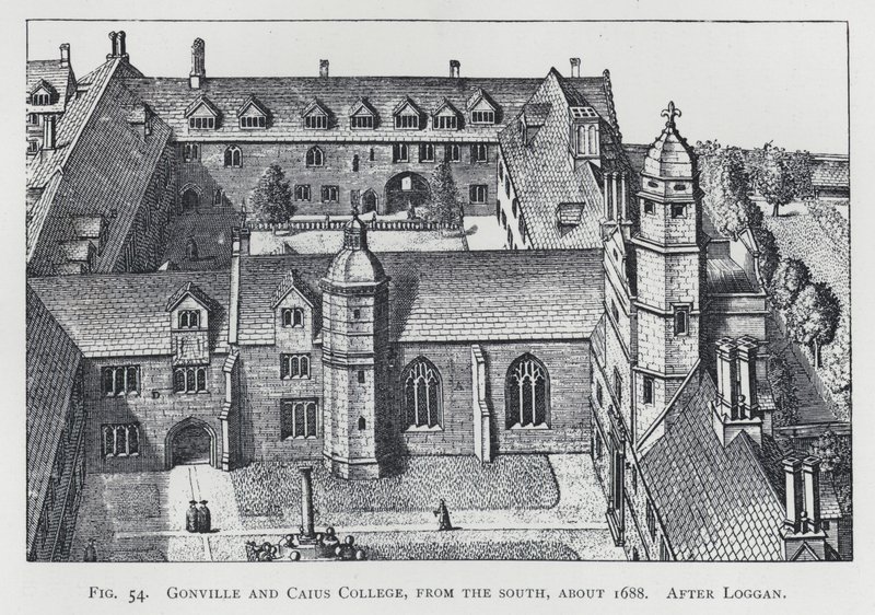 Gonville és Caius College, délről, 1688 körül, Loggan nyomán (metszet) alkotó: English School