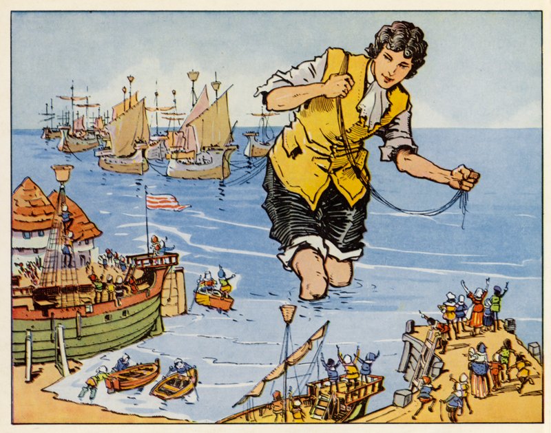 Gulliver utazásai: Blefuscunál elfogja a flottát (színes litográfia). alkotó: English School