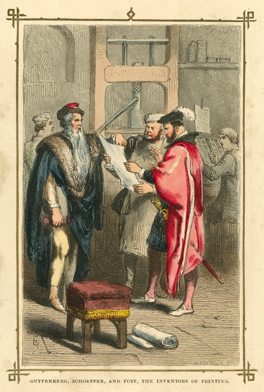 Guttenberg, Schoeffer és Fust, a nyomtatás (színes litho) feltalálói alkotó: English School