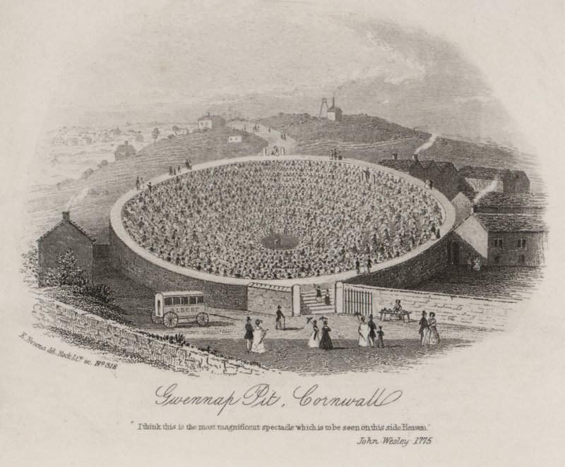 Gwennap Pit, Cornwall, ahol John Wesley számos alkalommal prédikált 1762 és 1789 között (metszet) alkotó: English School
