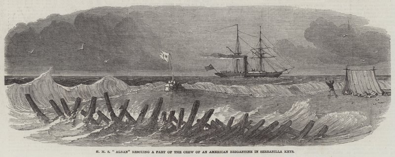 A HMS "Alban" megmenti egy amerikai briganti legénységének egy részét Serranilla Keysben (metszet) alkotó: English School