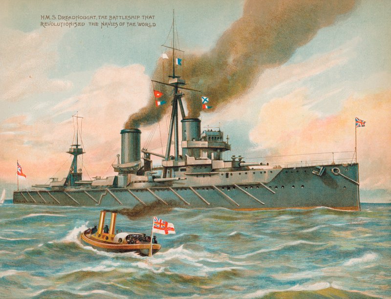 HMS Dreadnought, brit csatahajó, amely forradalmasította a tengeri hatalmat (chromolitho) alkotó: English School