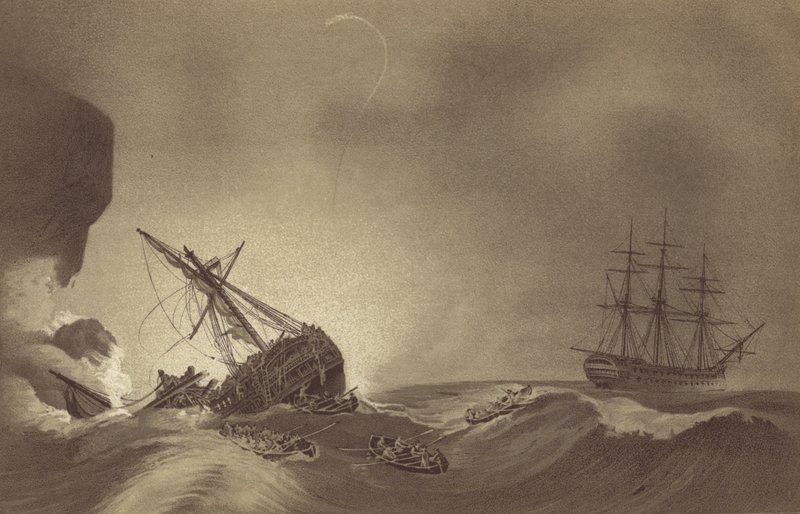 HMS Impetueux, Thomas Byam Martin kapitány parancsnoka, a HMS Venerable legénységének megmentése, J Hunter kapitány parancsnoksága alatt, tönkrement Torbayben, Devonban, 1804. november 24-én (litho) alkotó: English School