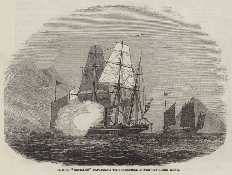 A HMS "Reynard" két kalózszemetet fog el Hongkong mellett (metszet) alkotó: English School