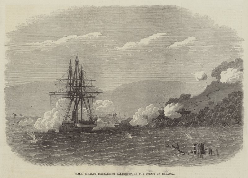 HMS Rinaldo bombázza Salangore-t a Malaccai-szorosban (metszet) alkotó: English School