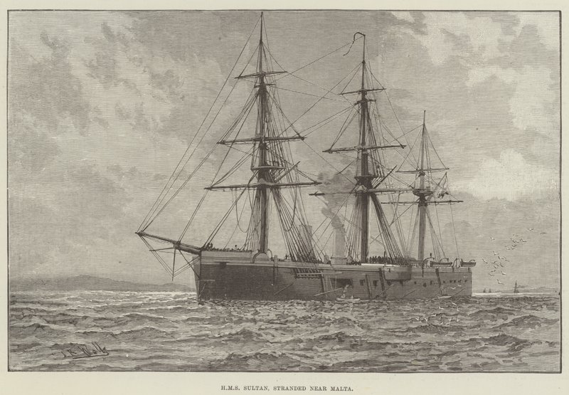 HMS Sultan, rekedt Málta közelében (metszet) alkotó: English School