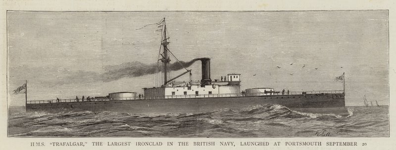 A HMS "Trafalgar", a brit haditengerészet legnagyobb vaskalapácsa, szeptember 20-án indult Portsmouthban (metszet) alkotó: English School