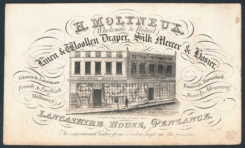 H Molyneux, vászon és gyapjú drapéria, selyemkereskedő és harisnya, kereskedelmi kártya alkotó: English School