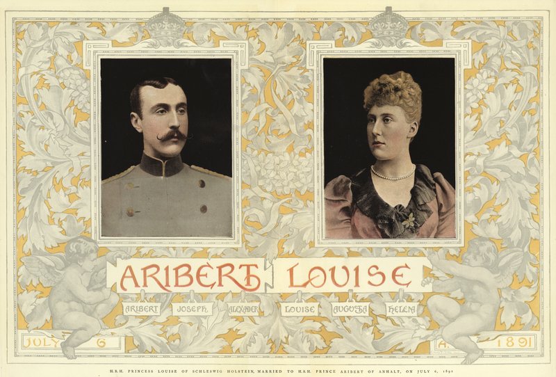 Louise, Schleswig-Holstein hercegnő és Aribert, Anhalt hercege 1891. július 6-án (színes lithó) alkotó: English School