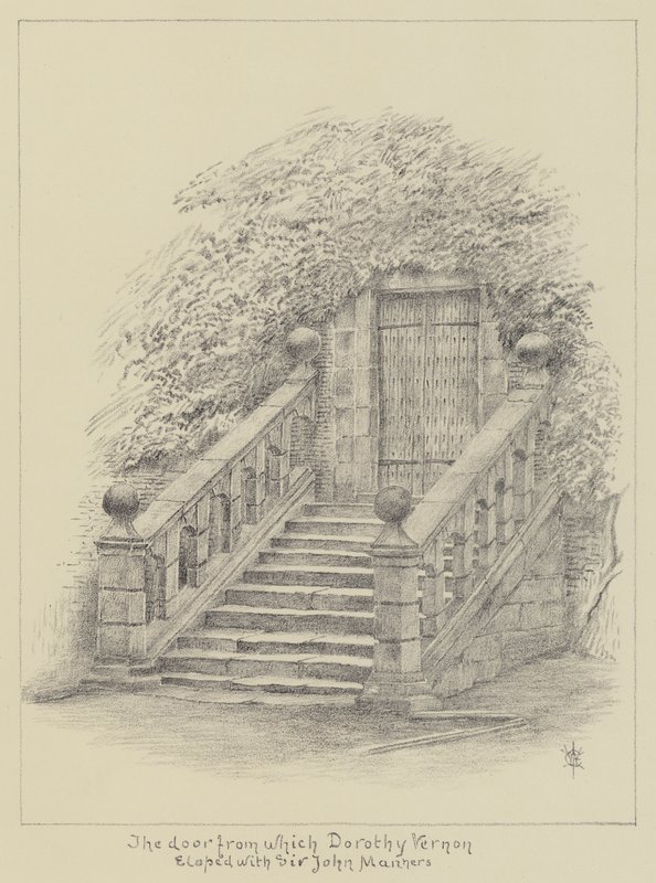 Haddon Hall, Az ajtó, ahonnan Dorothy Vernon kiszökött Sir John Mannersszel (litho) alkotó: English School