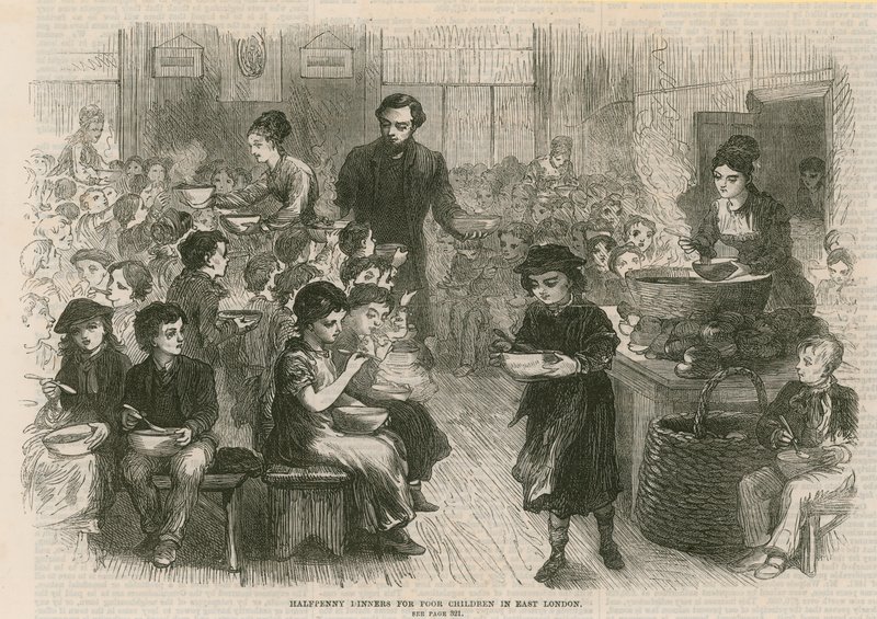 Félpennys vacsorák szegény gyerekeknek Kelet-Londonban alkotó: English School